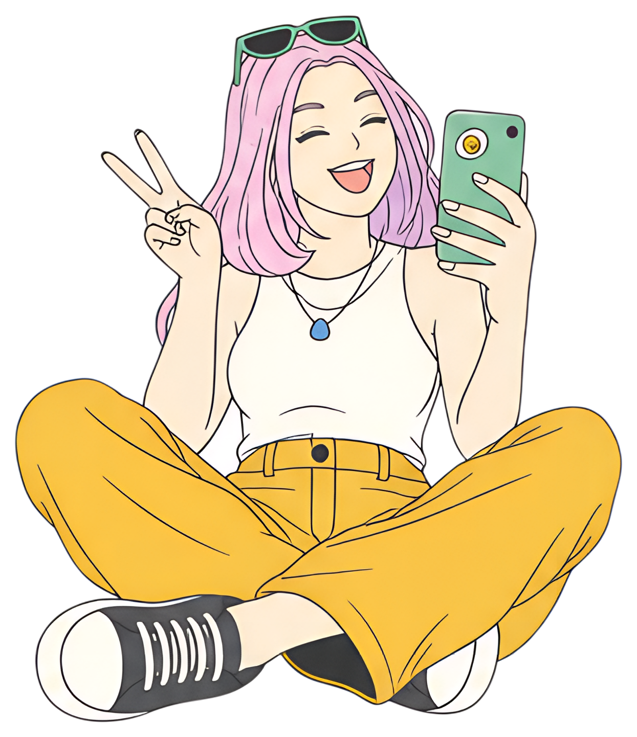 A cheerful girl with long pink hair smiles widely while taking a selfie. She is making a peace sign with one hand and is dressed in a white tank top and bright yellow pants, sitting cross-legged. Her陰