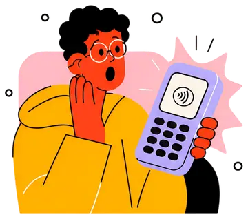 Surprised IT character with payment terminal