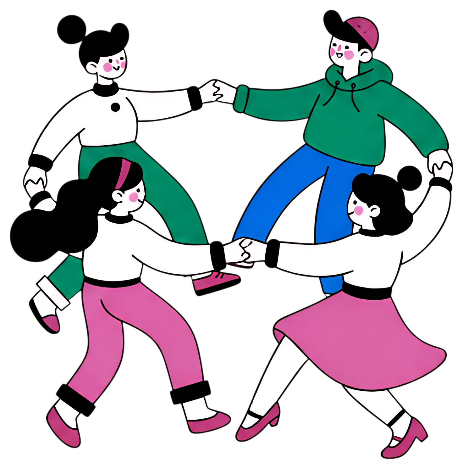 A vibrant illustration of a group of dancers forming a circle, each linking hands in a lively pose. The dancers display a mix of colorful outfits, including pink skirts, green hoodies, and blue pants,