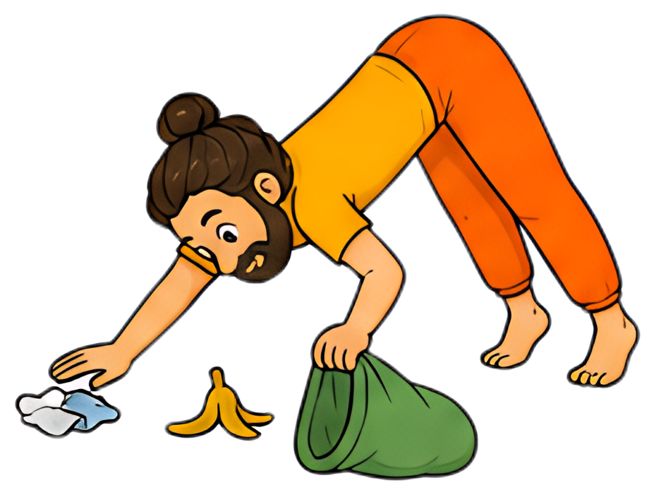 A yoga teacher is depicted in a downward dog pose, reaching out to collect garbage. He is wearing an orange shirt and matching pants, with a green bag for trash beside him and some litter on the floor