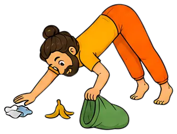 A yoga teacher is depicted in a downward dog pose, reaching out to collect garbage. He is wearing an orange shirt and matching pants, with a green bag for trash beside him and some litter on the floor