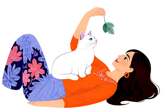 Girl Lying with Cat and Leaf