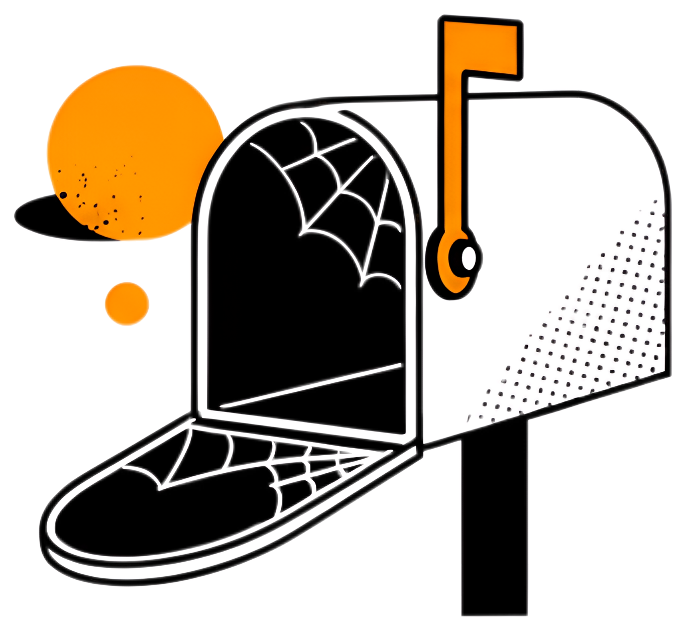 An empty mailbox features cobwebs inside, emphasizing its unused state. The design includes a bright orange circle in the background and a small orange flag, set against a predominately white outline,