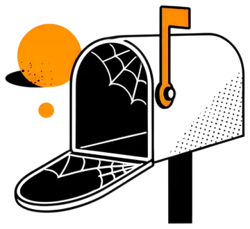 An empty mailbox features cobwebs inside, emphasizing its unused state. The design includes a bright orange circle in the background and a small orange flag, set against a predominately white outline,