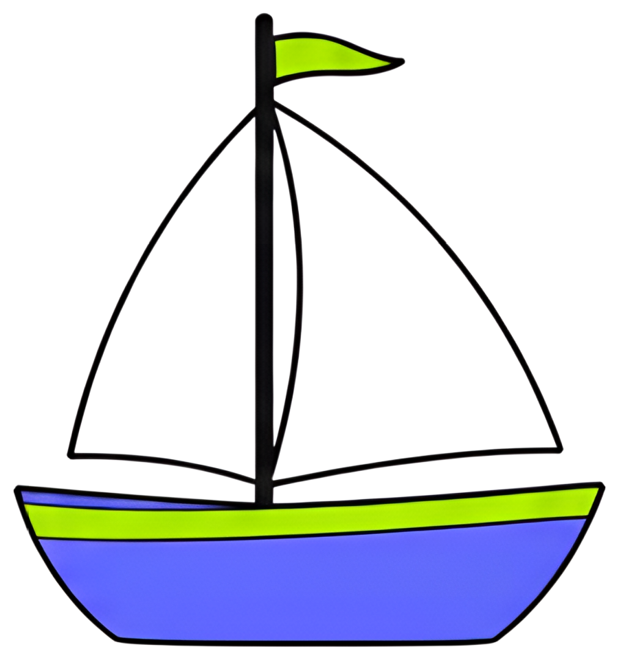 A stylized sailboat icon featuring a white sail, a blue hull, and a bright green flag. The design is simplistic and meant for flat representation, ideal for use as a graphic symbol.