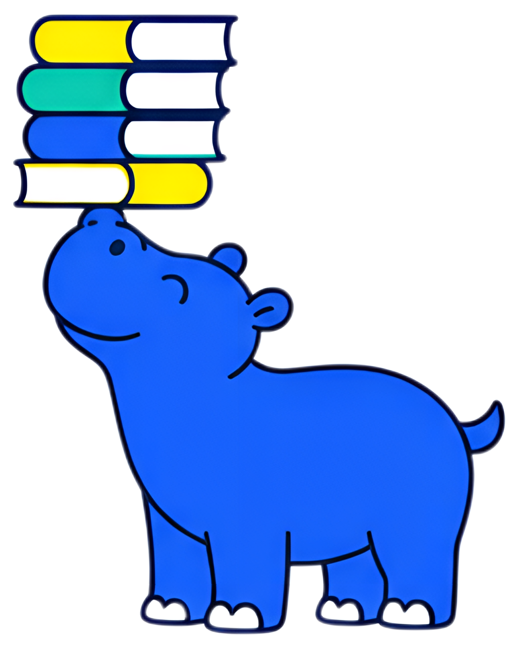 A blue hippopotamus stands joyfully with a smile, balancing a stack of colorful books on its nose. The books are primarily yellow, teal, and white, adding a vibrant touch to the whimsical scene.
