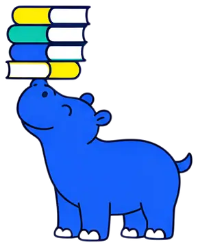 A blue hippopotamus stands joyfully with a smile, balancing a stack of colorful books on its nose. The books are primarily yellow, teal, and white, adding a vibrant touch to the whimsical scene.
