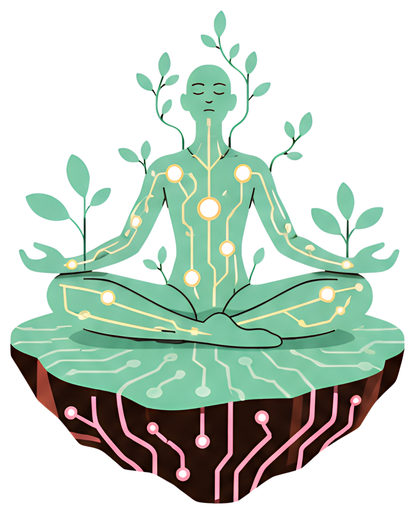 A digital humanoid figure, glowing green and formed from vines, sits cross-legged atop a rock designed like a floating circuit board. The figure is adorned with yellow line patterns and surrounded by