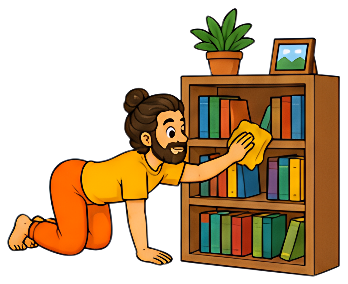 A yoga teacher in a cat pose is cleaning dust from a bookshelf, wearing an orange pant and yellow shirt. The scene features colorful books, a plant, and a picture frame on the shelf, conveying a light