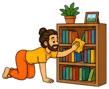 A yoga teacher in a cat pose is cleaning dust from a bookshelf, wearing an orange pant and yellow shirt. The scene features colorful books, a plant, and a picture frame on the shelf, conveying a light