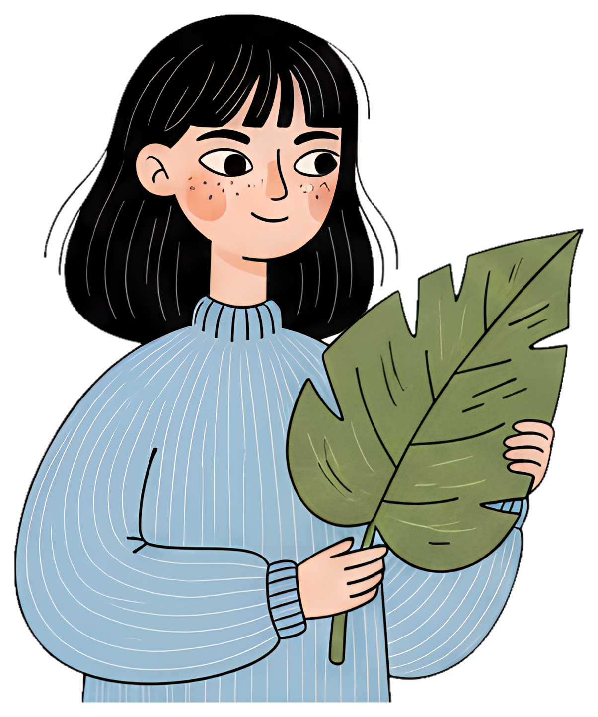 A cheerful cartoon character with short black hair and freckles is smiling while holding a large green leaf. She wears a light blue striped sweater, adding a cozy touch to the friendly scene.