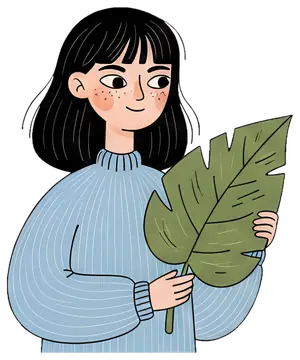 Smiling cartoon character with green leaf