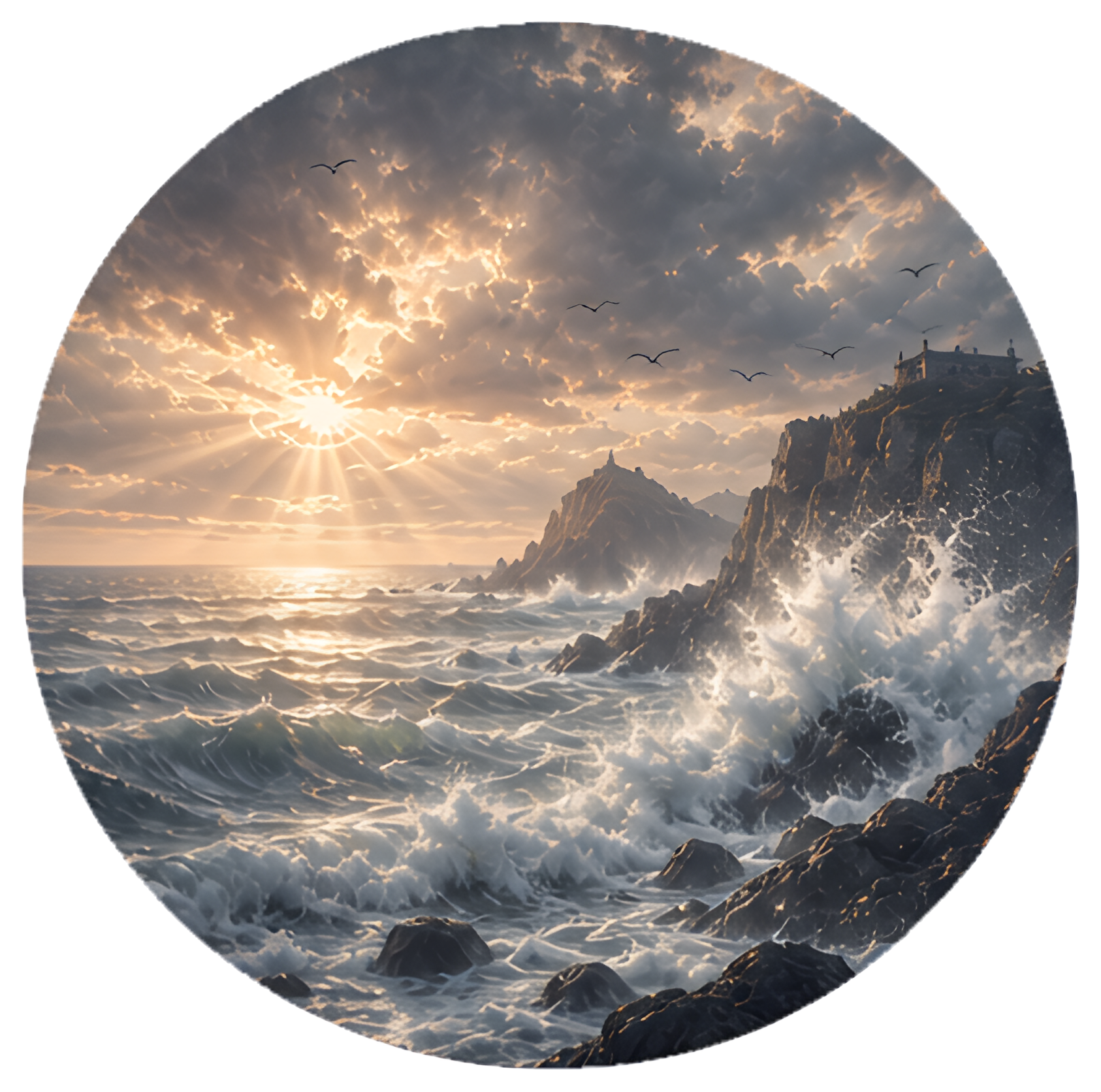 Mighty ocean waves crash against a rugged coastline, with water splashes glistening in the dawn sunlight. Dark rocks are silhouetted against the shimmering waves and a cloudy sky, creating a dramatic,