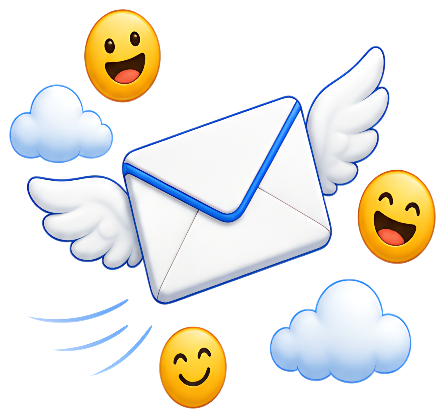 A white envelope with blue accents and wings is soaring towards fluffy clouds, surrounded by cheerful yellow emoji faces with smiling expressions. The playful design features light blues and warm yell