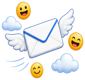 A white envelope with blue accents and wings is soaring towards fluffy clouds, surrounded by cheerful yellow emoji faces with smiling expressions. The playful design features light blues and warm yell