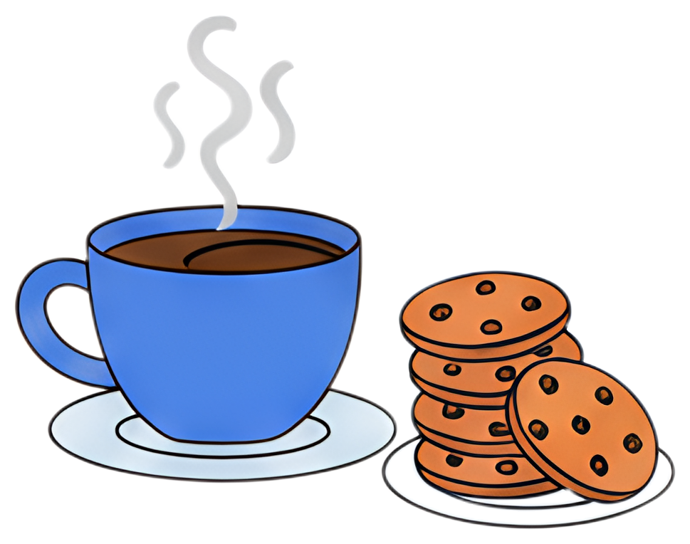 A blue cup of steaming coffee sits on a saucer next to a stack of round cookies with chocolate chips. The steam rising from the cup adds a cozy feel to the scene, set against a simple background.