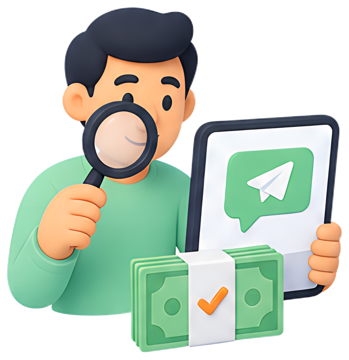 A person holds a magnifying glass while examining a screen displaying a green messaging icon. Next to them, a stack of cash is neatly bound with a checkmark symbol on it, emphasizing a financial theme