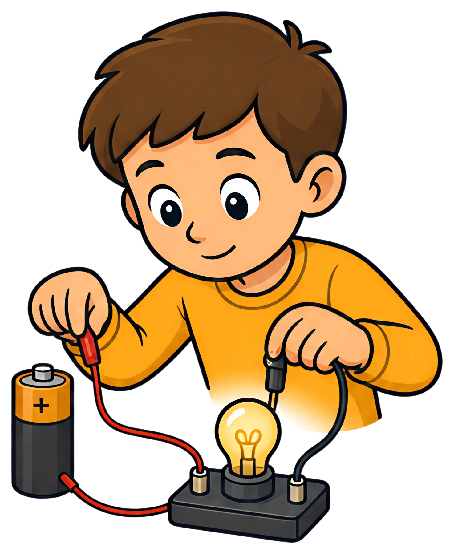 A young child with brown hair, wearing a yellow shirt, is focused on assembling a simple electric circuit. He holds wires connected to a battery and a light bulb, illustrating a hands-on approach to a