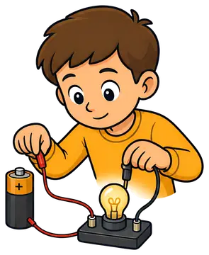 A young child with brown hair, wearing a yellow shirt, is focused on assembling a simple electric circuit. He holds wires connected to a battery and a light bulb, illustrating a hands-on approach to a