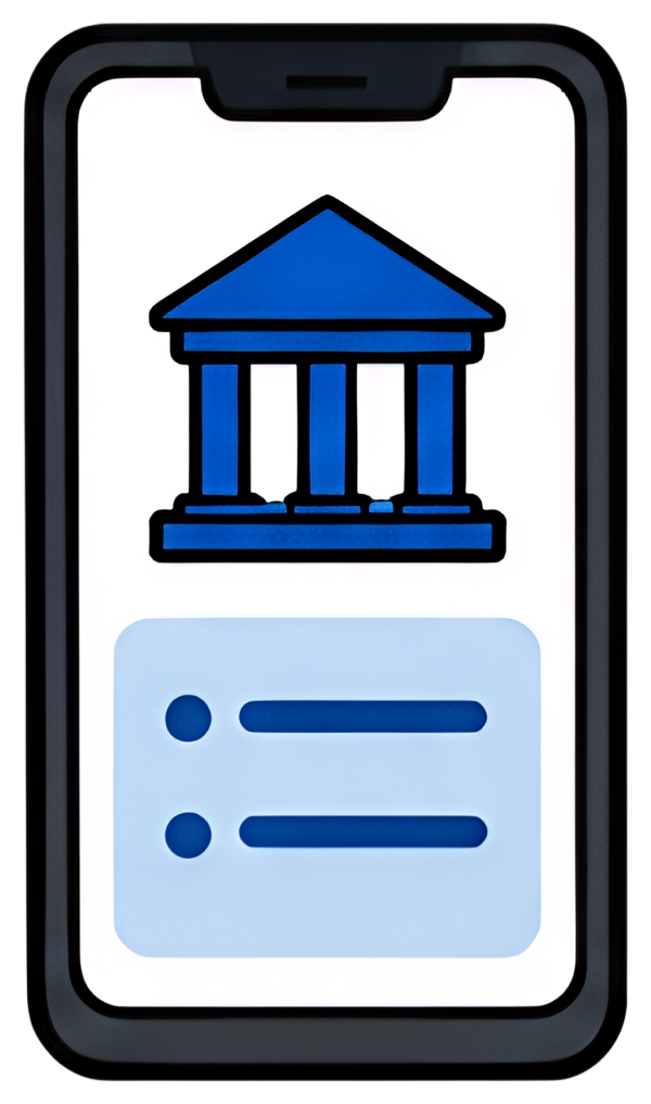 A smartphone displays a bank icon with columns in a striking blue color, alongside two blue toggle buttons. The background is minimalistic, emphasizing the mobile banking theme.