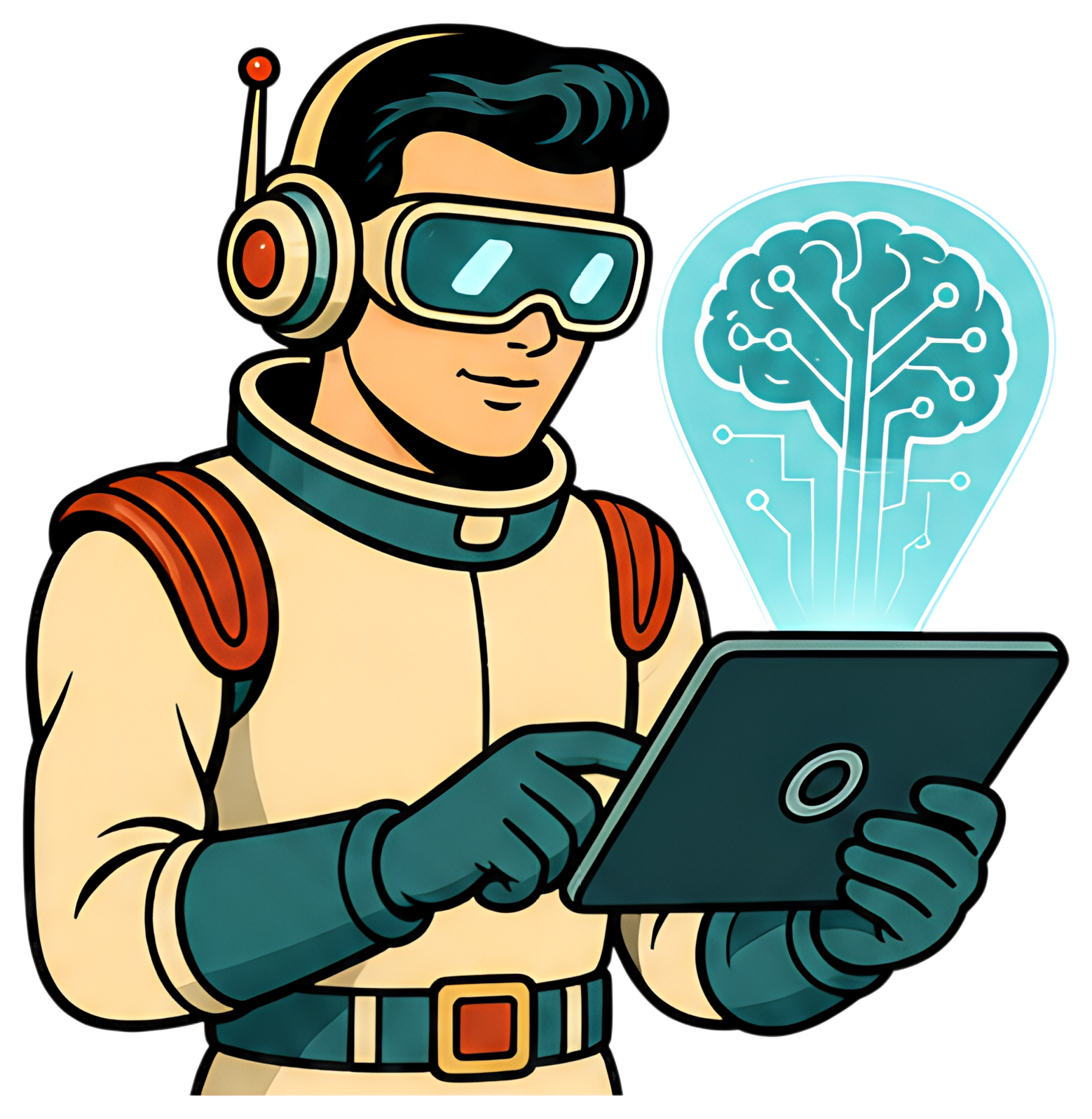 A retro-futuristic student wearing futuristic goggles and a stylish uniform interacts with a tablet displaying a holographic AI brain. The scene is vibrant, showcasing elements like metallic accents,