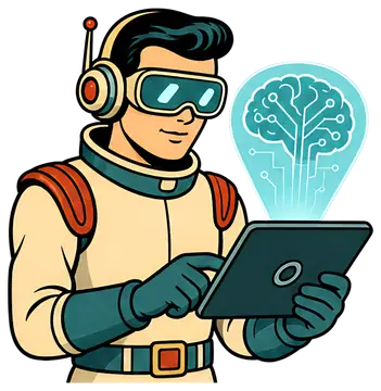 Retro-Futuristic Student with Holographic Brain