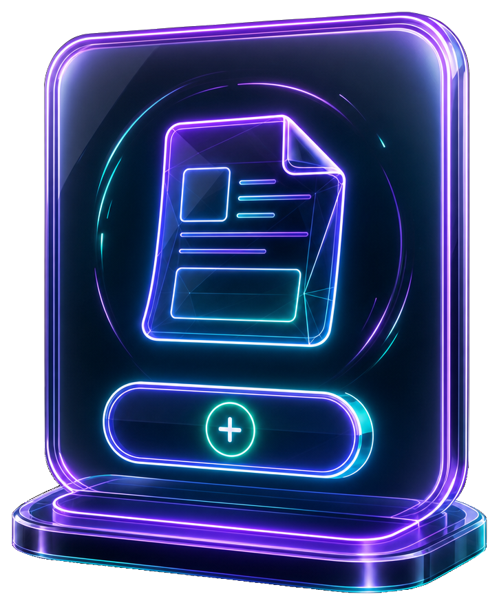 A sleek, neon-styled icon featuring a blank document with lines representing text, accompanied by a glowing '+' button for creating a new announcement. The background is black, enhancing the vibrancy.