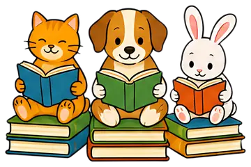A cheerful cat, dog, and rabbit sit in a row atop stacks of colorful books, each engrossed in their own book. The cat is orange, the dog has a brown and white coat, and the white rabbit holds an red-t