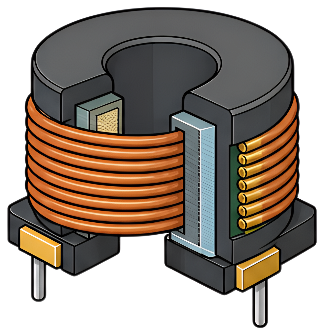 The image depicts an inductance coil featuring a magnetic core with layered windings. The coil has a glossy finish and visible electrical connections, showcasing the intricate design and components of