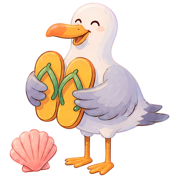 Smiling seagull with flip-flops and seashell