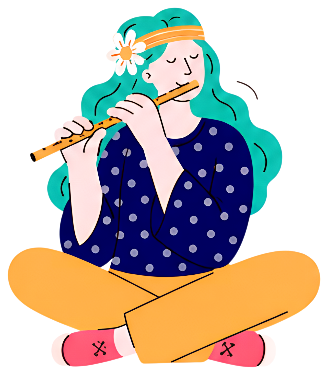 A hippie friend with long teal hair adorned with a flower sits cross-legged, playing a wooden flute. They wear a blue polka dot top, yellow pants, and pink shoes, exuding a relaxed and artistic vibe.