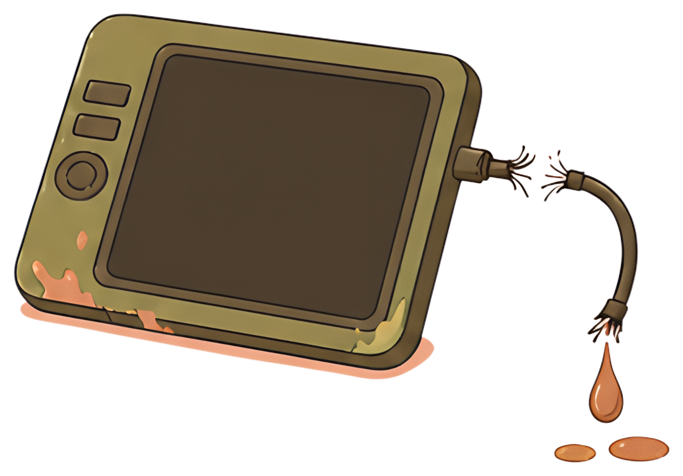 A cartoonish tablet with a disconnected cable and exposed wires. A droplet of paint hangs from the end of the wire, accompanied by a small pool of paint on the surface. The tablet displays a muted, kh