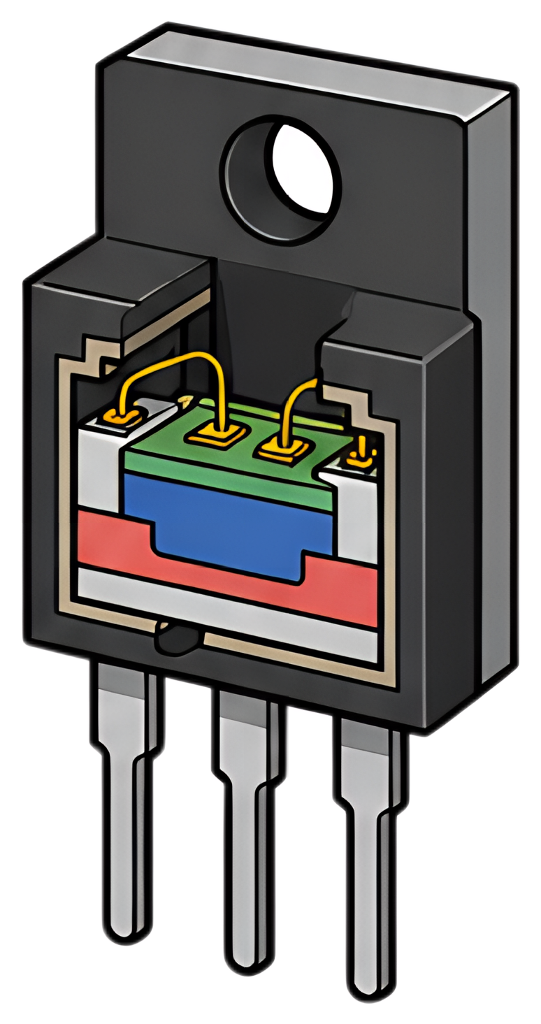 A detailed illustration of a field effect transistor showing the semiconductor layers in vibrant colors. The design includes three metal pins and inner components colored red, green, blue, and yellow,