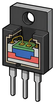 A detailed illustration of a field effect transistor showing the semiconductor layers in vibrant colors. The design includes three metal pins and inner components colored red, green, blue, and yellow,