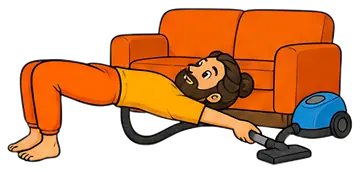 A yoga teacher is in a bridge pose while vacuuming underneath a bright orange couch. The character has a beard and casually dressed in orange pants and a yellow top, using a blue vacuum cleaner that’s