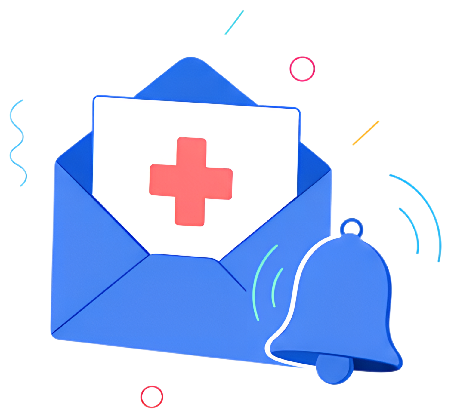 A blue envelope features a white sheet with a prominent red cross symbol, accompanied by a blue ringing bell. The illustration incorporates playful, colorful accents around the main elements, creating