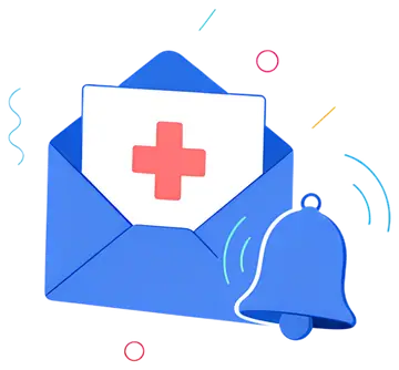 A blue envelope features a white sheet with a prominent red cross symbol, accompanied by a blue ringing bell. The illustration incorporates playful, colorful accents around the main elements, creating