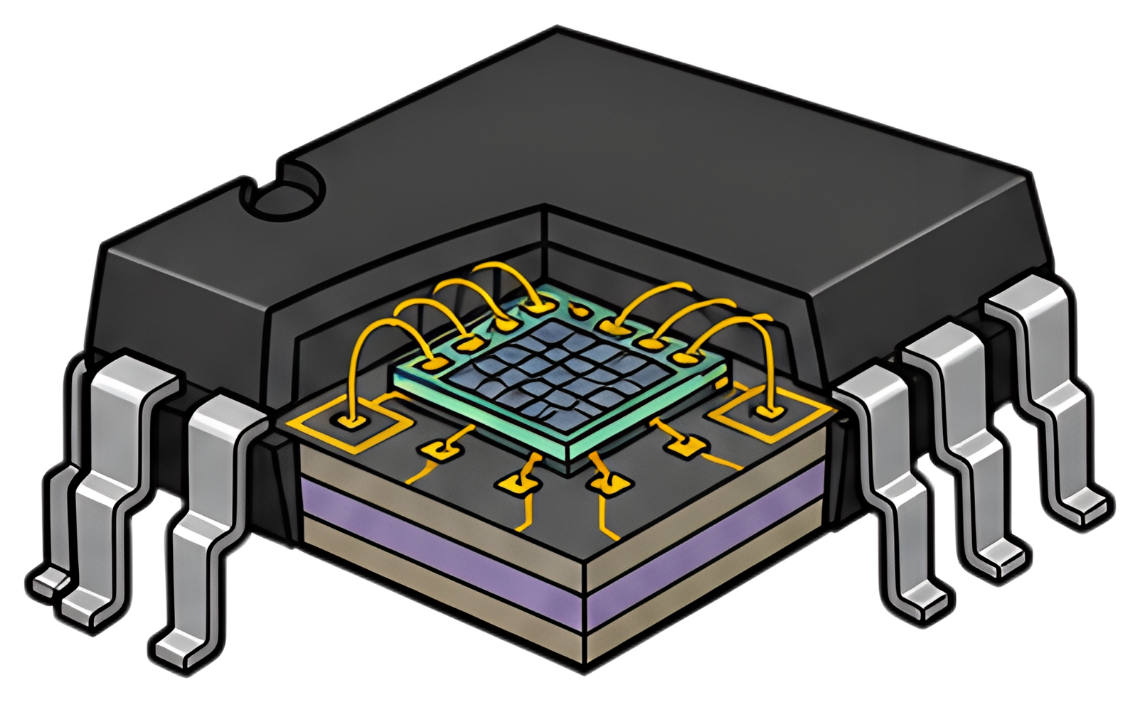 A detailed cutaway illustration of a microchip, showcasing its silicon layers and circuit paths. The image features a combination of black, gray, and yellow elements, with a central green chip and sil