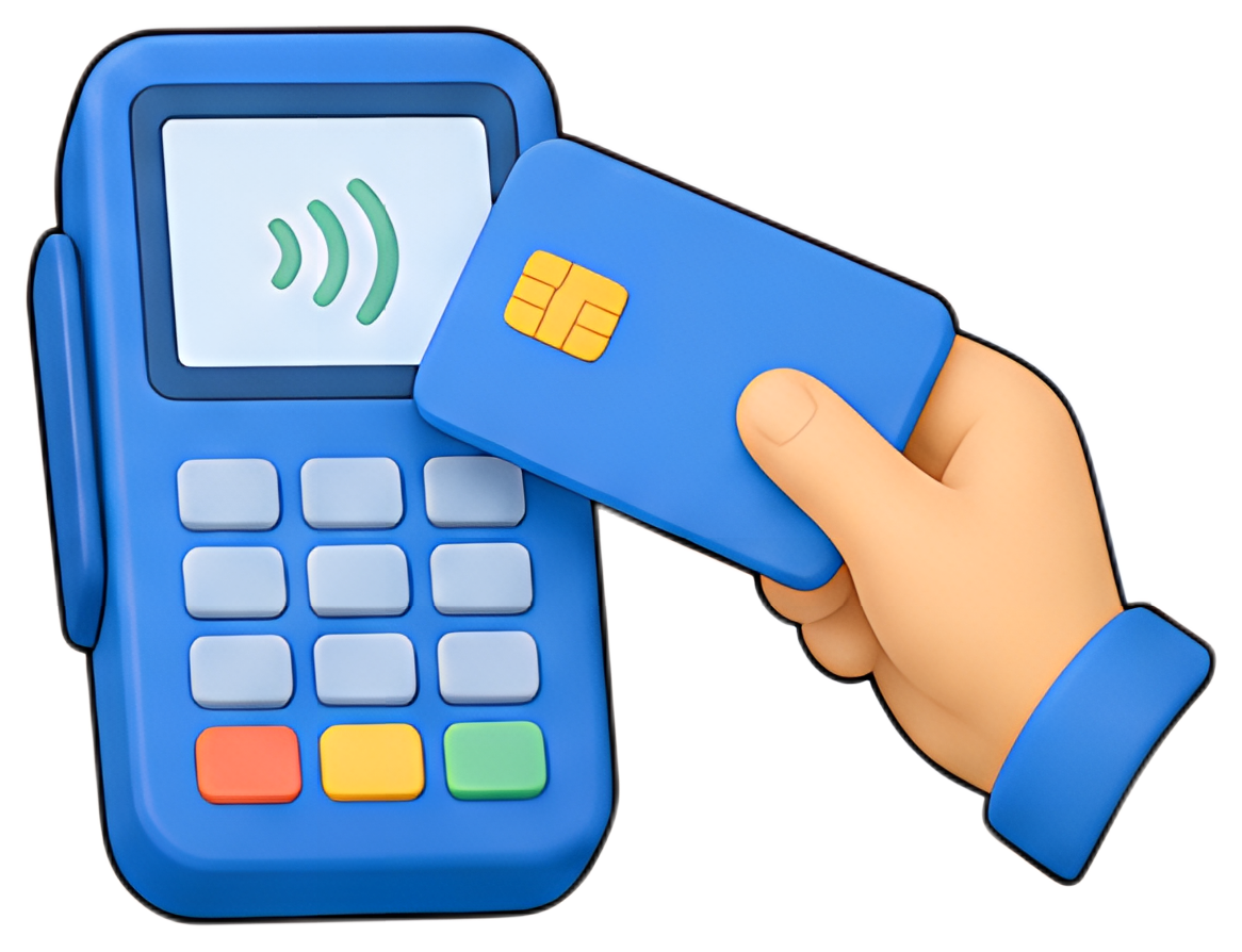 A contactless payment terminal in blue, showing a hand holding a blue payment card. The screen displays a wave signal symbol, indicating payment processing. The buttons beneath are in a variety of fun