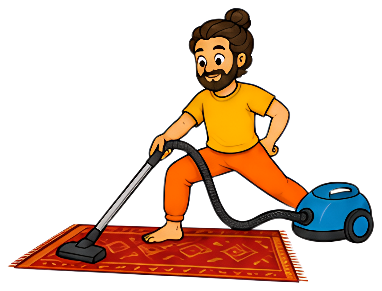 A yoga teacher is depicted in a warrior pose while vacuuming a vibrant red rug with a blue vacuum cleaner. He wears an orange pants and a yellow shirt, embodying a humorous blend of yoga and housework