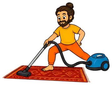 A yoga teacher is depicted in a warrior pose while vacuuming a vibrant red rug with a blue vacuum cleaner. He wears an orange pants and a yellow shirt, embodying a humorous blend of yoga and housework