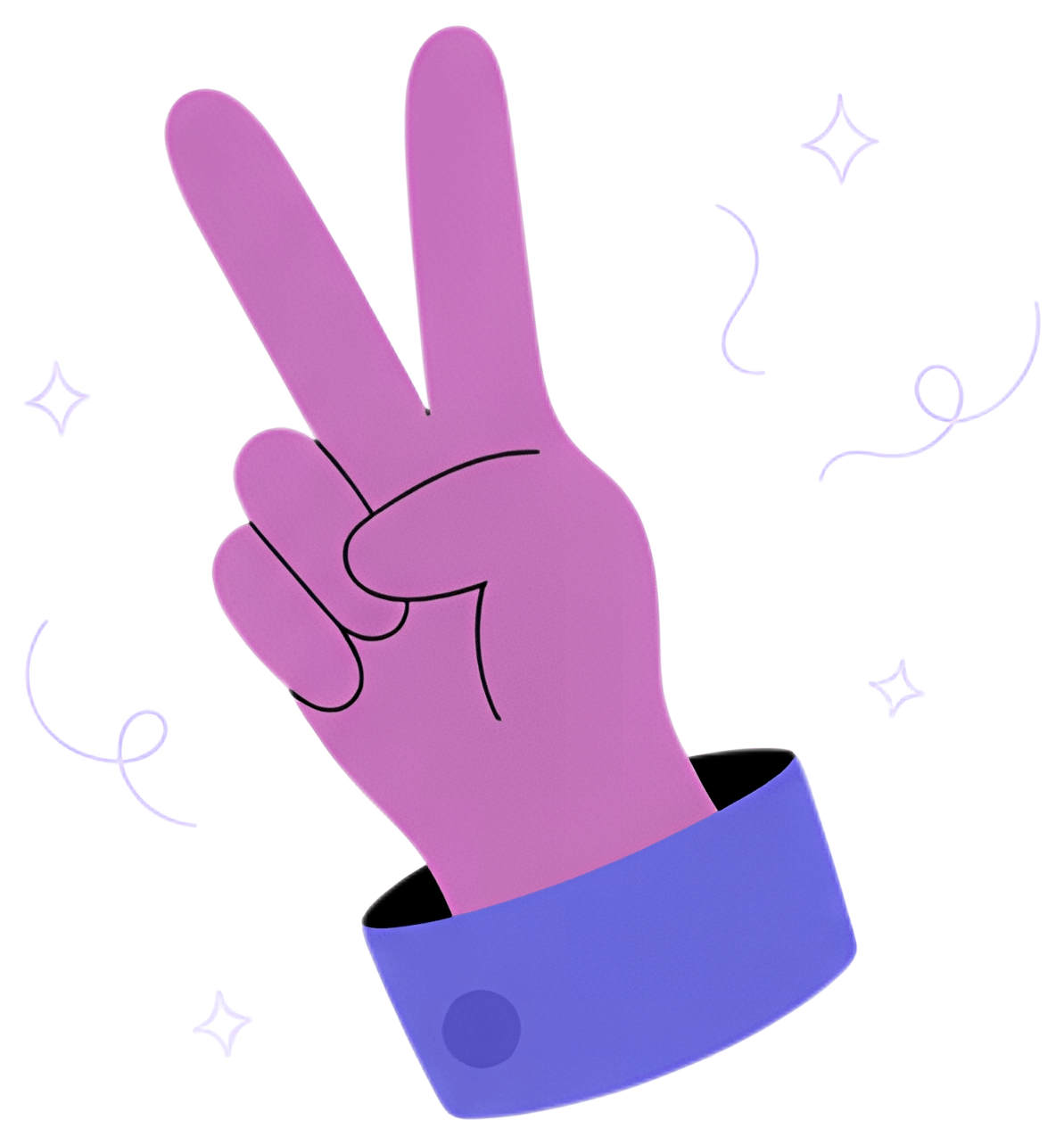A vibrant hand in a peace sign gesture is depicted, with fingers raised in a V shape and the rest of the hand forming a fist. The hand is purple with a blue sleeve, surrounded by playful swirls and tw