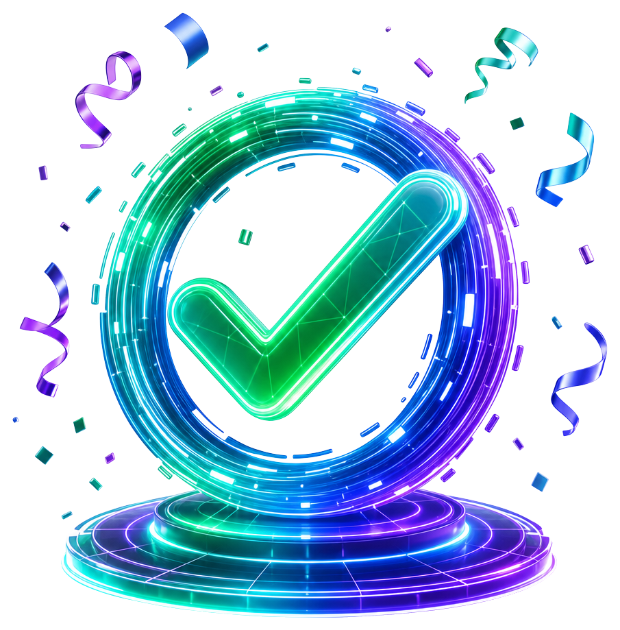 Glowing green checkmark with confetti