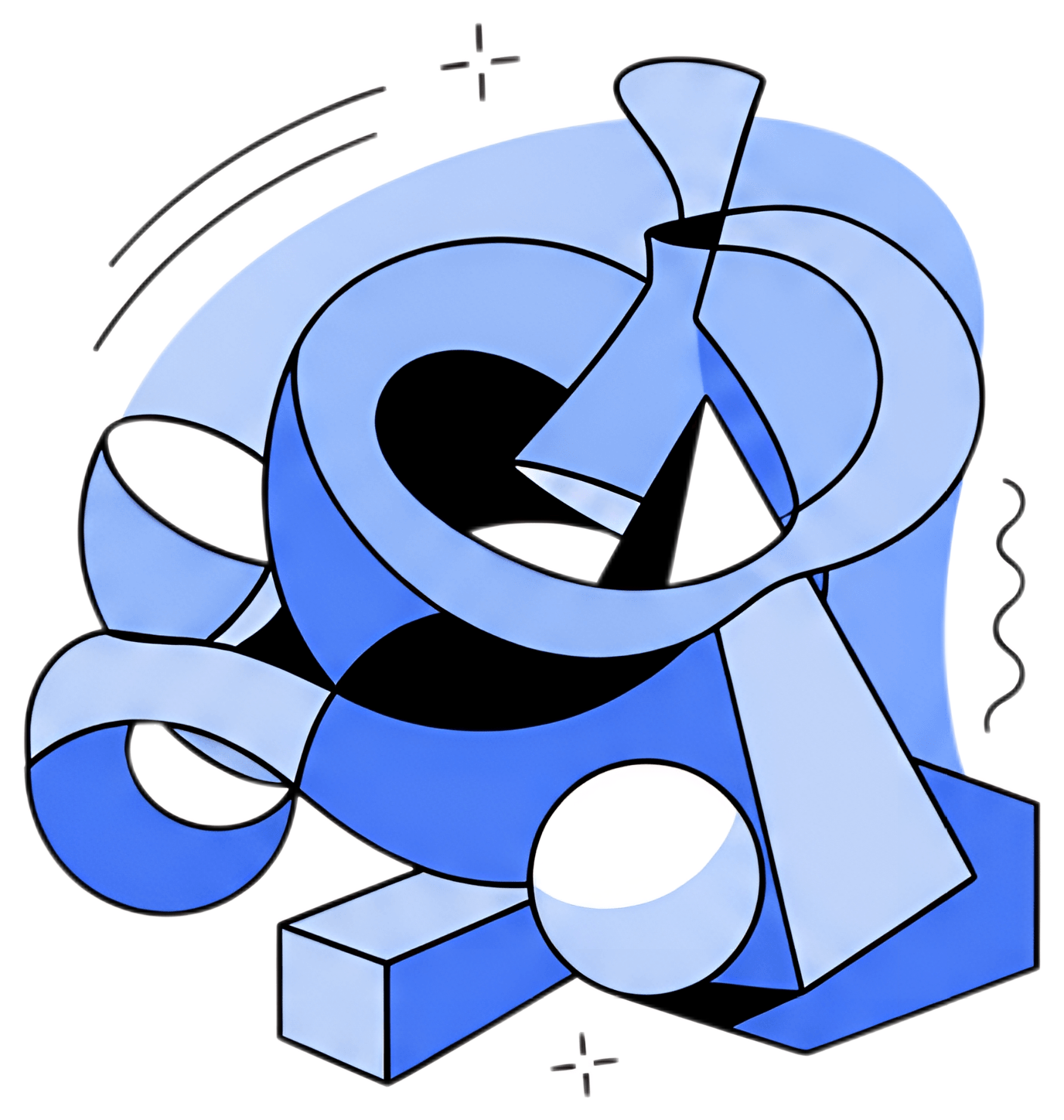 An abstract composition featuring intertwined geometric shapes, including loops, triangles, and spheres, all rendered in varying shades of blue with smooth gradients. The design is outlined in black,