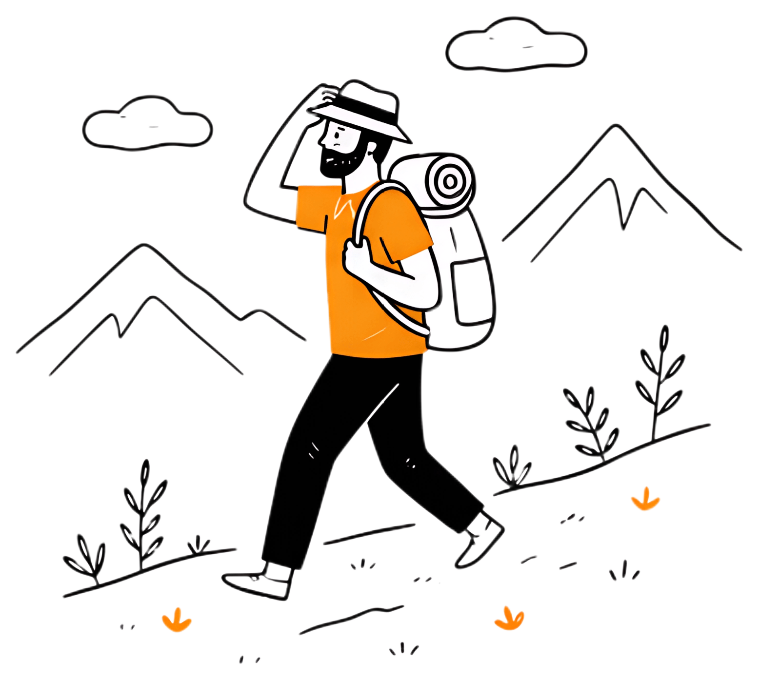 A man wearing an orange shirt and a backpack walks along a mountain trail, holding his hat with one hand. The scene includes stylized mountains in the background and plants alongside the path, set ona