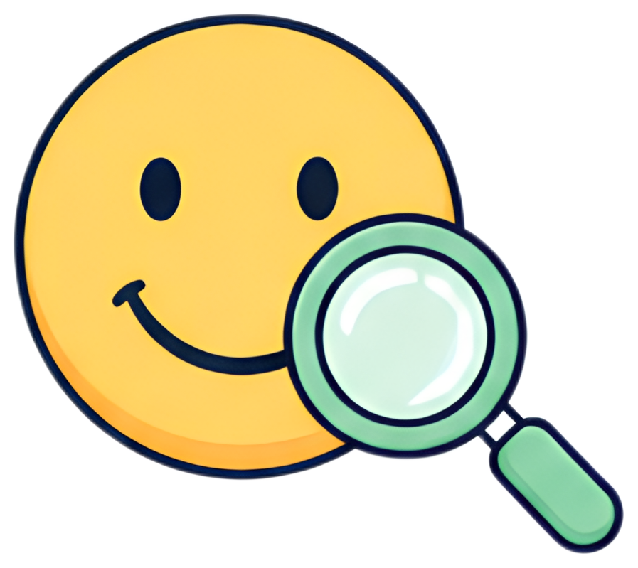 A cheerful yellow smiley face is depicted with a smiling expression and black eyes. Positioned prominently in front of the smiley is a green magnifying glass, enhancing the playful character of the bl