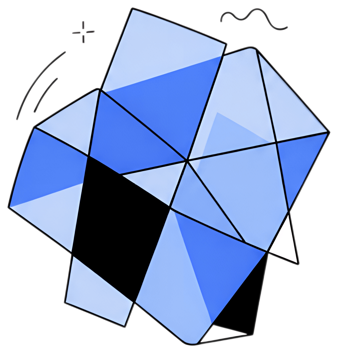 An abstract silhouette formed by overlapping translucent polygons featuring soft gradients. The design incorporates shades of blue, contrasting with black outlines, creating a visually striking effect