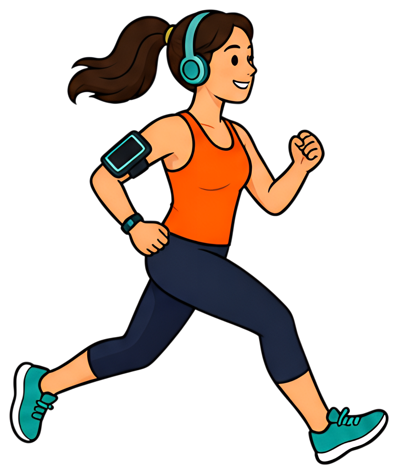 A smiling jogger in an orange top and black leggings runs energetically with headphones on. She is wearing teal running shoes and has a fitness tracker on her arm, illustrating a vibrant and active a'