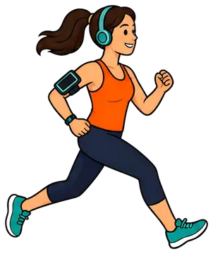 A smiling jogger in an orange top and black leggings runs energetically with headphones on. She is wearing teal running shoes and has a fitness tracker on her arm, illustrating a vibrant and active a'