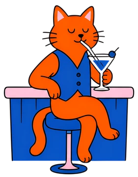 A stylish orange cat wearing a blue vest sits comfortably on a pink and blue bar stool, sipping a cocktail through a straw. The cat's relaxed pose and content expression add to the whimsical charm of 